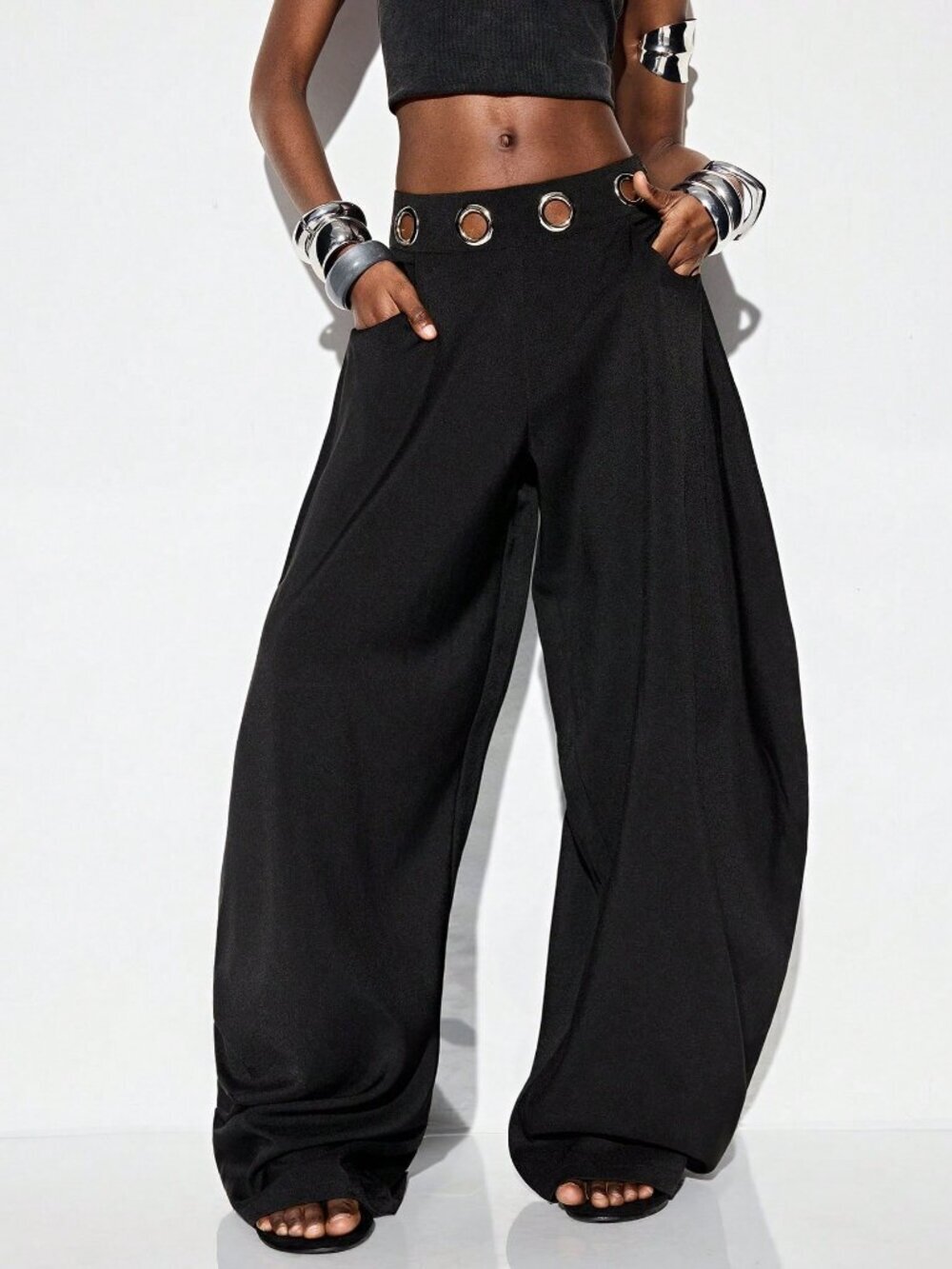 Casual Women's black  Metallic Eyelet Waistband barrel Harem Pants